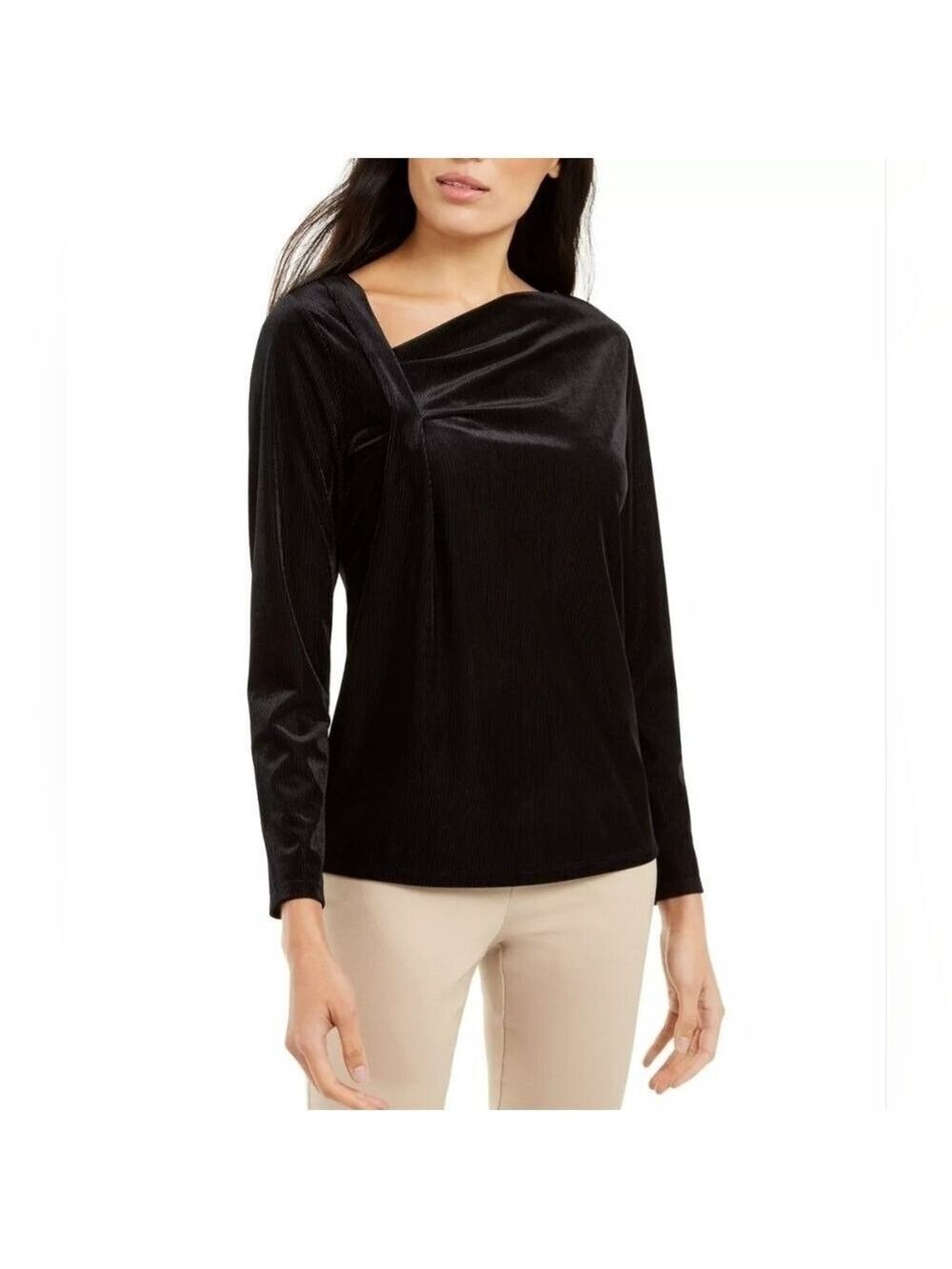 Alfani Asymmetrical-Neckline Black Velvet Top Small - New With Tags